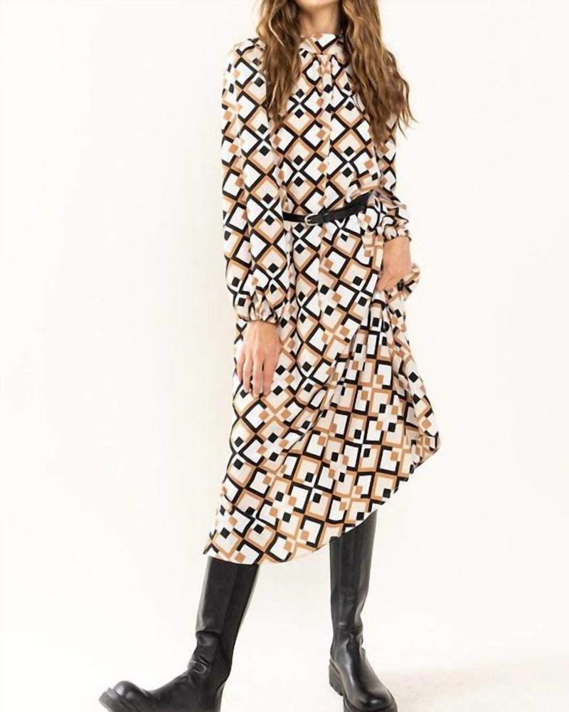 Front of a model wearing a size Large Gia Printed Midi Dress In Geometric Print in Geometric Print by Ces Femme. | dia_product_style_image_id:347766